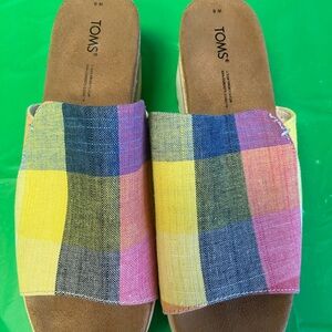 TOMS Multicolor Plaid Slide Sandals in Yellow, Blue, Pink